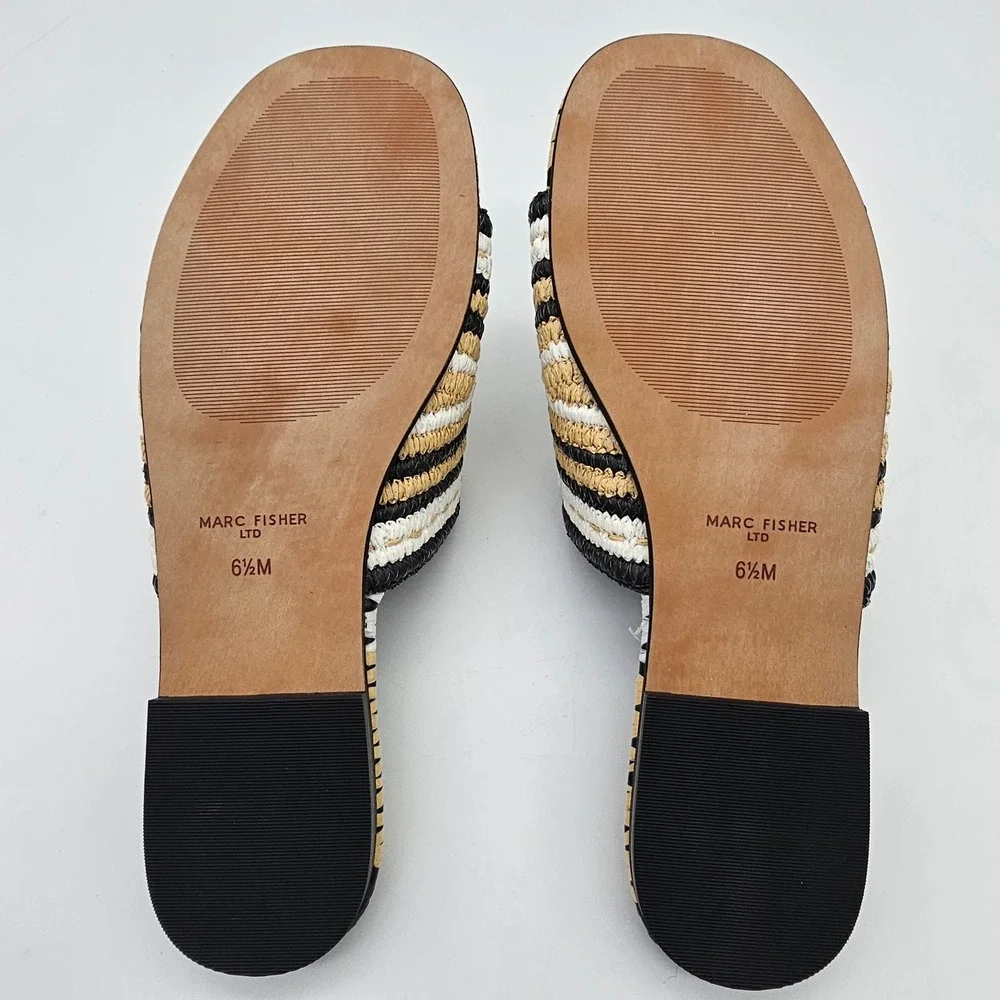 Marc Fisher LTD NOTTIE Womens 6.5 Black Raffia Crochet Slide Sandals Boho Summer